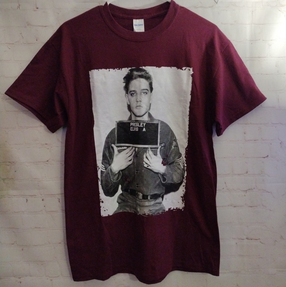 Elvis Presley Army Mugshot Rock n' Roll T-Shirt Burgundy Mens M Gildan